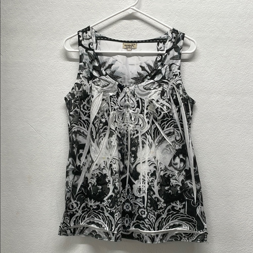 One World White And Black Floral Print Rhinestone Tank Top